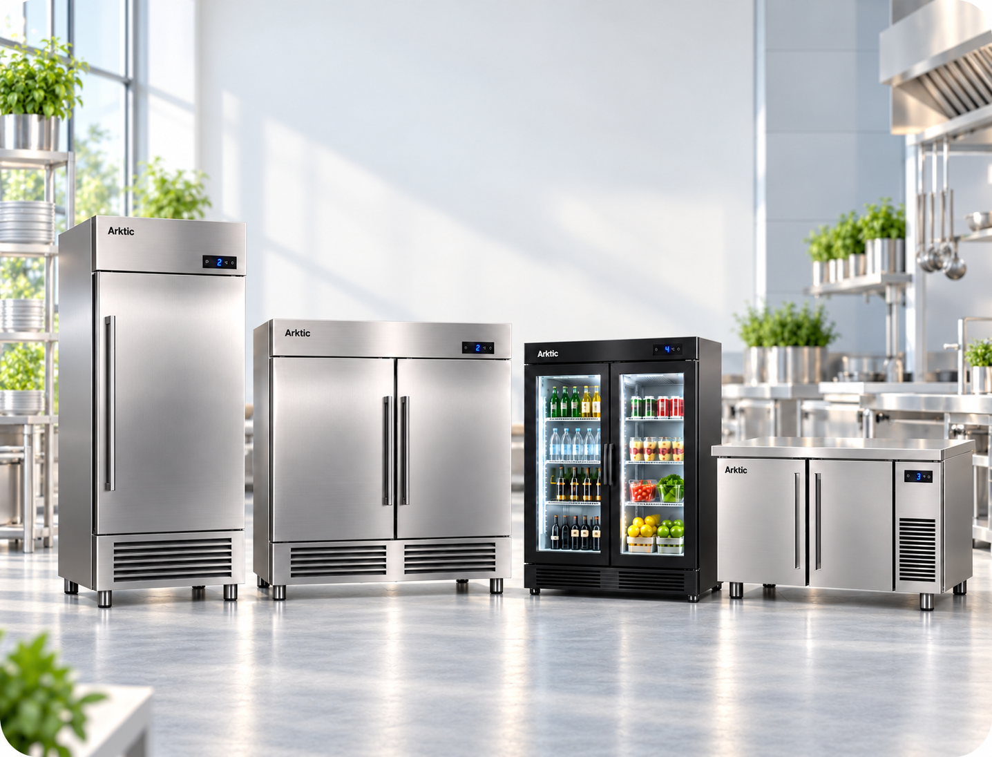 Arktic-koelkasten in een lichte professionele keuken