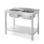 Tafel met 2 spoelbakken en plank – met bouten, diepte 600 mm, HENDI, Profi Line, 1000x600x(H)850mm
