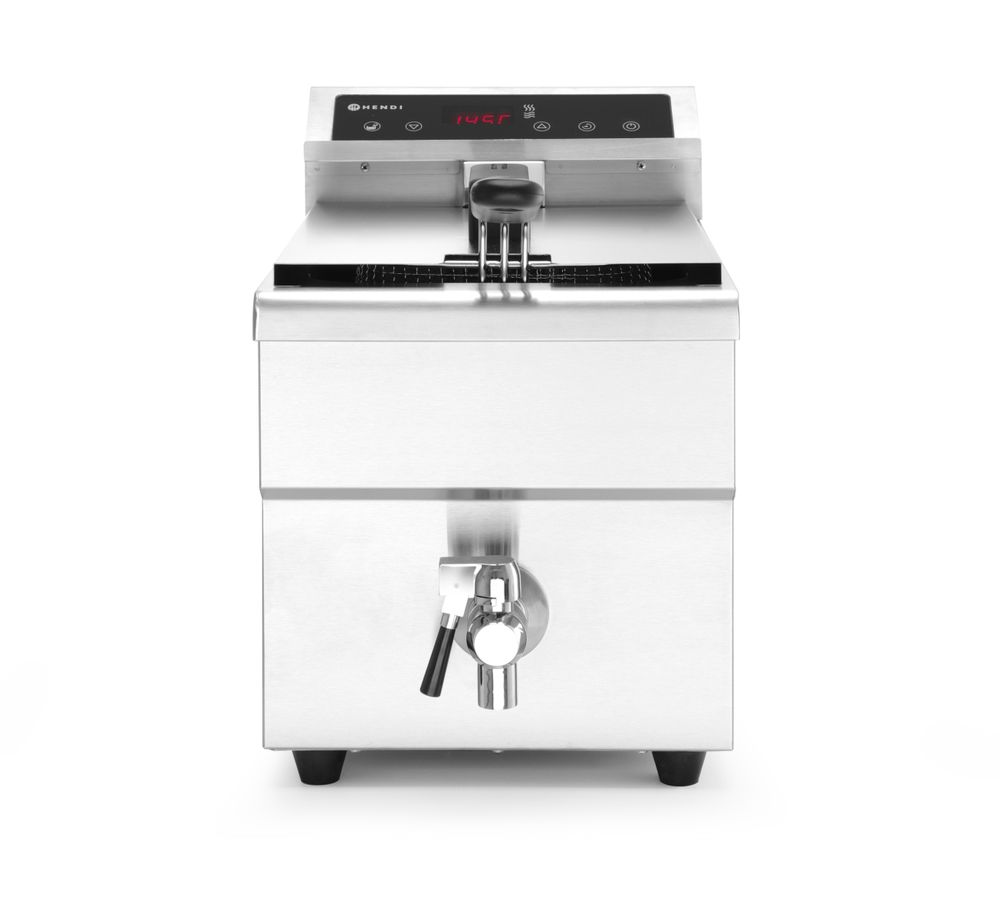 Induction deep fryer with drain tap