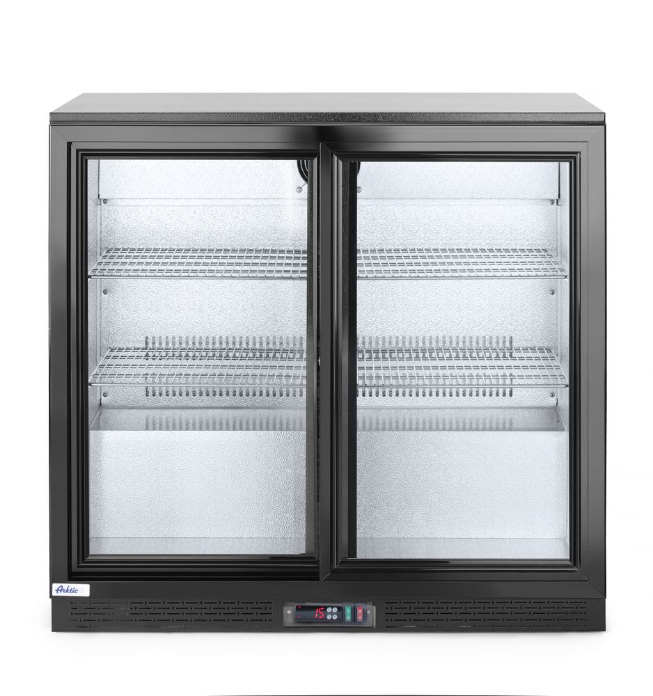 Back bar refrigerator with double sliding doors