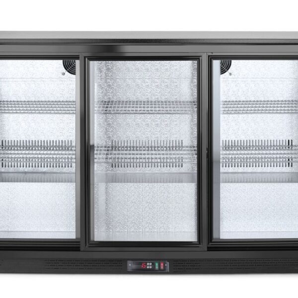 Back bar refrigerator with triple sliding doors