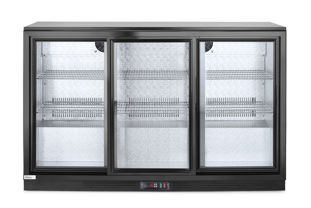 Back bar refrigerator with triple sliding doors