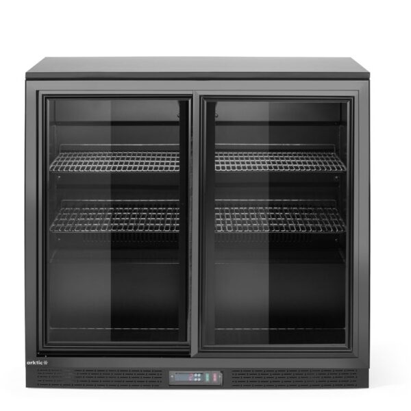 Back bar refrigerator with double sliding doors