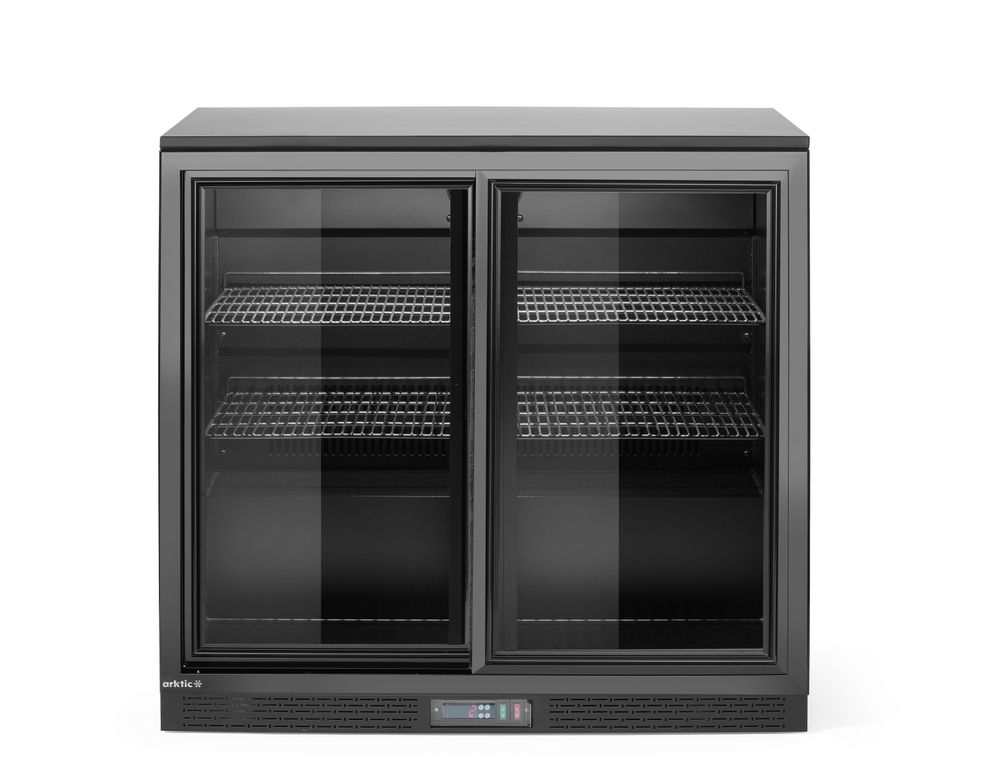 Back bar refrigerator with double sliding doors