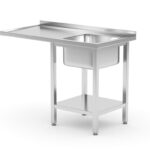 Sink table with shelf and space for undercounter dishwasher