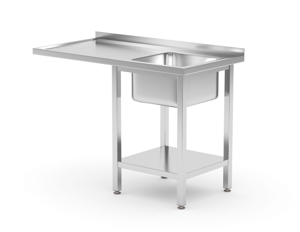 Sink table with shelf and space for undercounter dishwasher