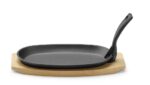Cast iron platter with wooden underliner and gripper