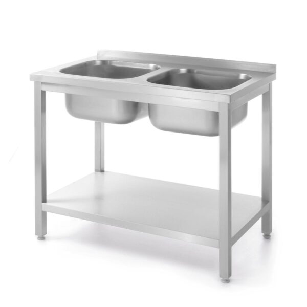 Table with 2 sinks and shelf